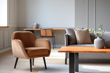 Fototapeta premium Contemporary living room interior featuring comfortable seating and natural wood accents