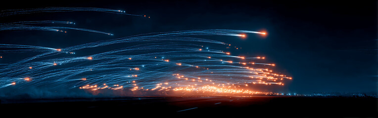 Stunning night drone footage captures a massive salvo of missile launches, their glowing trails streaking across the dark expanse