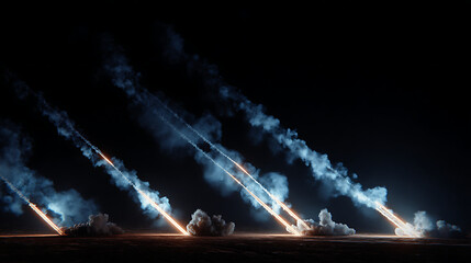Nighttime military strike with multiple ballistic rockets launching, leaving behind trails of glowing smoke and fire against the dark sky