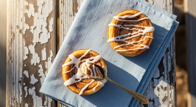 Overhead view of two delicious cinnamon rolls with white icing drizzled on top, one with a fork taking a bite, placed on a blue cloth napkin on a rustic wooden table, natural light