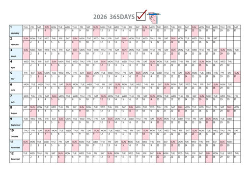 2026年版の一目でわかる年間カレンダー