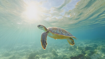 Majestic Sea Turtle in Pritine Ocean Waters Amidst Vbrant Coral Reefs CapturedUnderwater