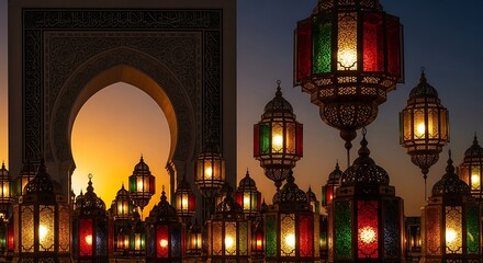 Ramadan lanterns glowing against a sunset sky and archway.