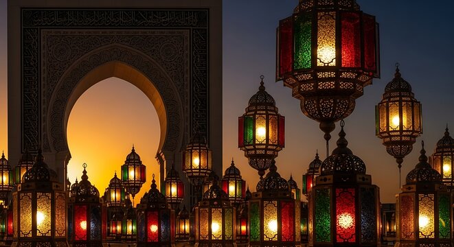 Ramadan lanterns glowing against a sunset sky and archway.