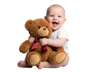 Happy baby cuddling a teddy bear symbolizing childhood innocence and joy