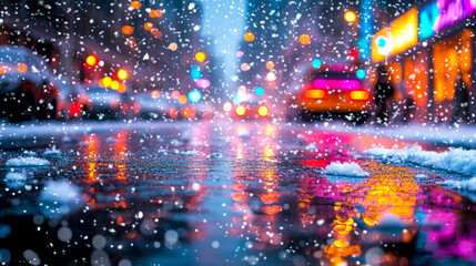 Fototapeta premium close-up of snow falling on the city street