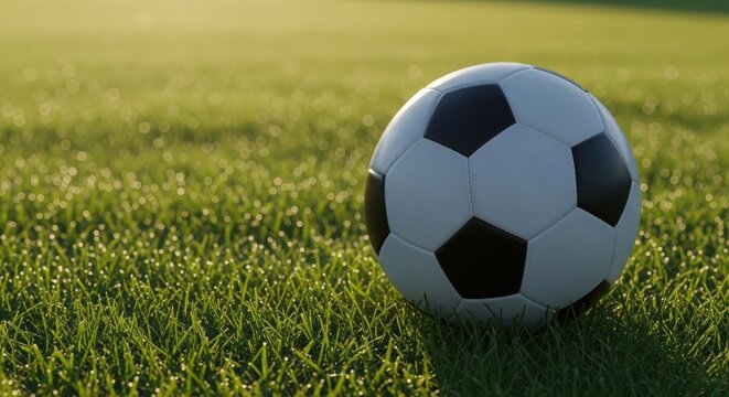 A soccer ball sits on a lush green field, ready for a game or practice session, with the focus on the balls details