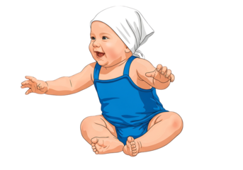 Cute Baby in Blue Outfit with White Head Scarf Cartoon Illustration