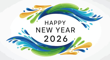 Fototapeta premium Happy new year 2026 text surrounded by a vibrant abstract colorful wave splash design on a white background