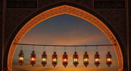 Ramadan lanterns illuminate an archway at sunset, creating a festive atmosphere.