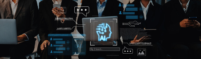 AI chatbot interface, communication bubbles, and connected data elements representing automated...