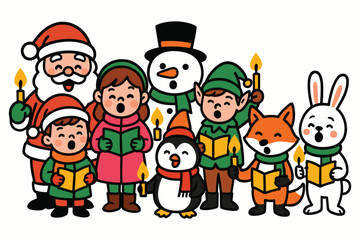Charming Christmas Carolers Including Santa-Like Figure, Snowman, Penguin, Fox, and Rabbit