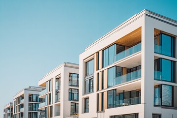 Row of modern, multi-story residential buildings set against a clear, pale blue sky