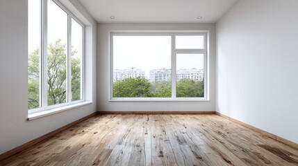 Bright empty room features large windows showcasing a cityscape view through lush green foliage