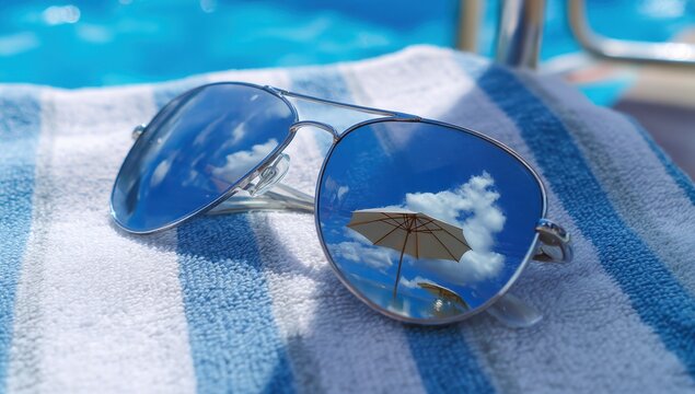 Pair of reflective sunglasses resting on a striped towel with a poolside scene