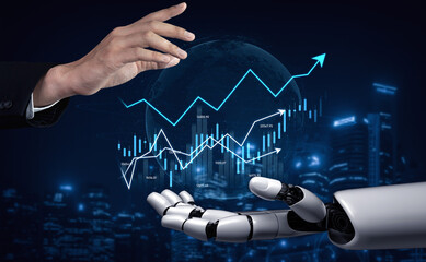 A striking visual of a human hand reaching out to a robotic hand, symbolizing the synergy between...