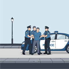 Police officers arresting a man near a police car on the street.