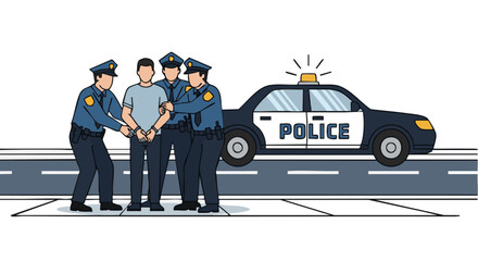 Police officers arrest a man, handcuffs and law enforcement action on the street.