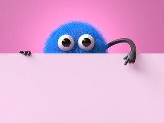 Fluffy, cute monster holds a blank sign, symbolizes information and advertising display. 3D rendering, conceptual image. Isolated on white background. © Jane