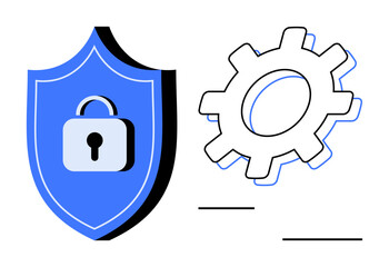 Blue shield with a locked padlock and a gear symbolizing data protection, cybersecurity, and system settings. Ideal for security, automation, technical support, privacy, configuration, technology