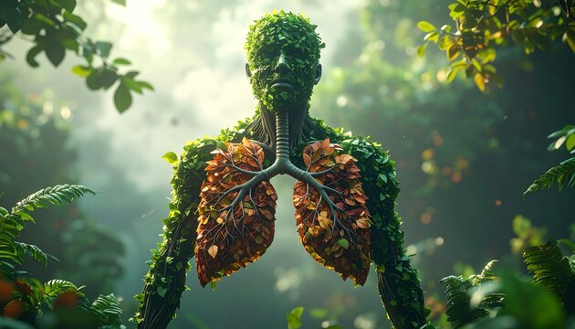 Surreal digital art of a human-like figure made of foliage, its lungs formed from autumn leaves, blending with the lush forest