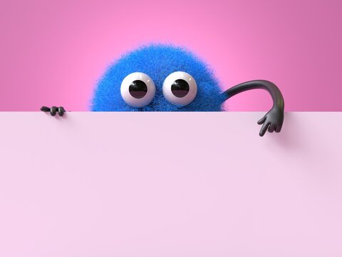 Fluffy, cute monster holds a blank sign, symbolizes information and advertising display. 3D rendering, conceptual image. Isolated on white background.
