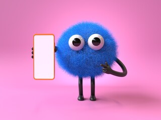 Fluffy, cute monster presents a phone, symbolizing digital interaction. 3D rendering, conceptual image. Isolated on white background.