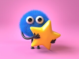 Fluffy, cute monster holding a star, symbolizing achievement or rating. 3D rendering, conceptual image. Isolated on white background.