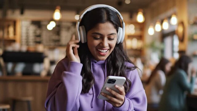 Happy gen z girl listening to music with headphones and browsing on smartphone 95354807 1