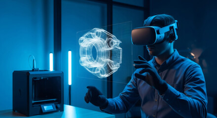 Man engineer using virtual reality headset to design 3D model. Concept of future technology, bioprinting, 3D printing and industrial design process.