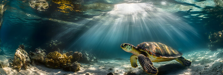 Majestic Sea Turtle in Pritine Ocean Waters Amidst Vbrant Coral Reefs CapturedUnderwater