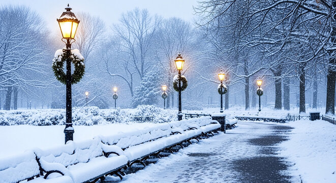 Snow covered park pathway lined with vintage lampposts and benches on a winter evening - Powered by Adobe