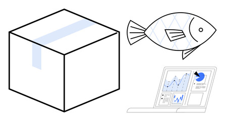 Box, fish, and laptop with analytics dashboard highlighting ecommerce, sustainability, data analysis, consumer trends, logistics, food supply chain, and insights into modern business in a simple flat