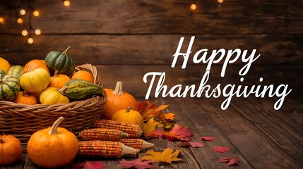 Thanksgiving pumpkins with fruits and falling leaves