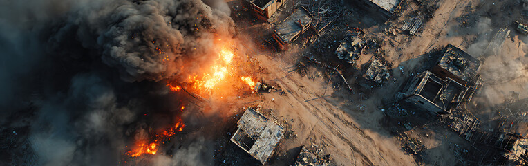 Aerial view of an explosion, a warzone scene with destruction, fire, and smoke after an attack