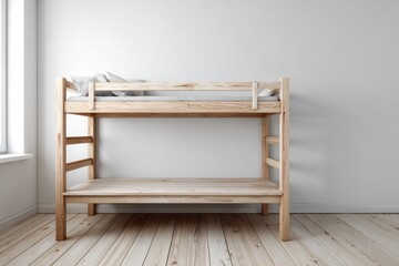 Natural wood double stacking bed structure positioned in a bright room with pale flooring