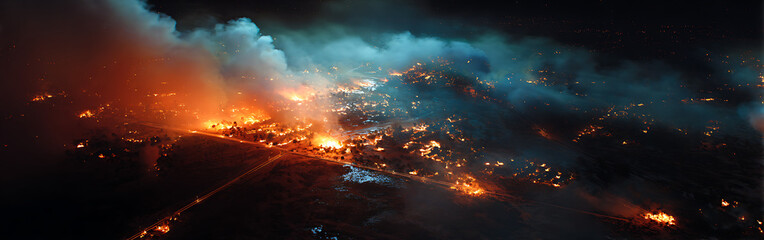 Nighttime aerial view of a widespread conflagration, vibrant orange flames illuminating a dark landscape, creating a chaotic scene of destruction, smoke, and blue light