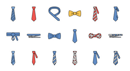 Set of 15 flat design tie and bow tie icons with a white background, including striped, polka dot, and solid color patterns, perfect for business and fashion-related projects, vector illustration.