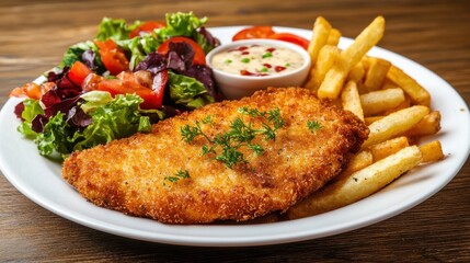 Crispy Fried Fish with Fresh Salad and French Fries on White Plate
