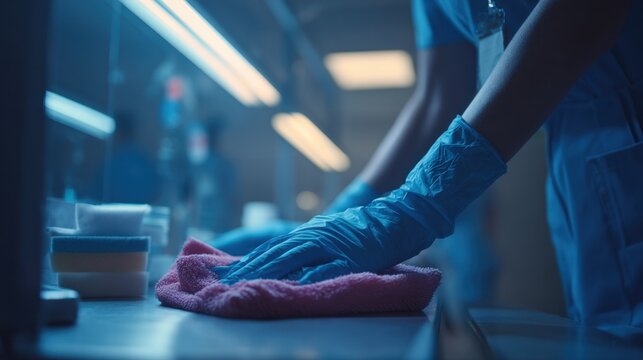 Healthcare Worker Wearing Blue Gloves Cleaning Surface in Laboratory or Medical Facility - Powered by Adobe