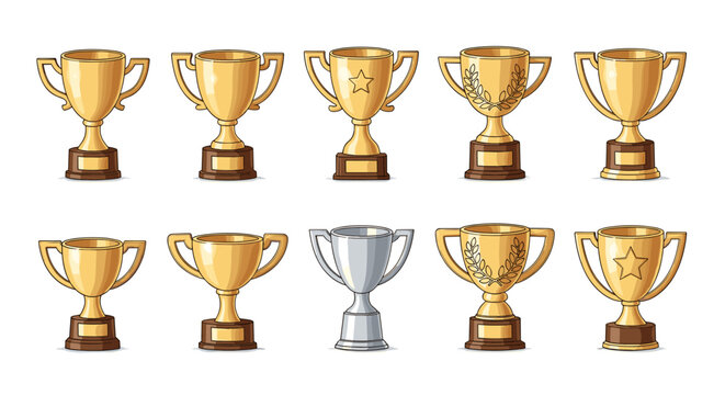 Collection of ten diverse trophy cups and awards, including gold and silver options, some adorned with stars and laurel wreaths, presented in a clean, ordered line against a white background, perfect