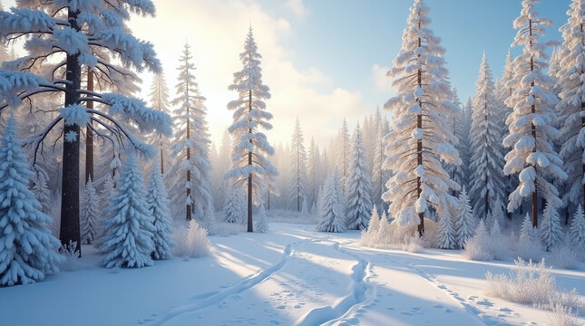 Sunlight streams through snow covered pine trees in a serene winter forest landscape