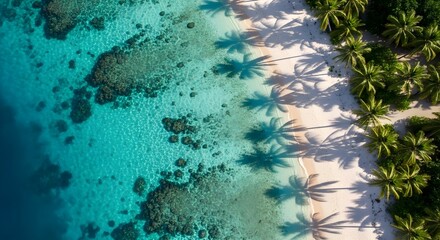 Aerial view of a tropical paradise beach with turquoise water, white sand, palm trees, and coral reefs.