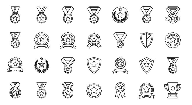 Collection of thin line icons representing medals, awards, and trophies, perfect for web, books, cards, and apps. This editable stroke vector cartoon illustration features a white background and