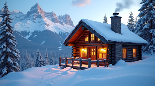 Cozy log cabin nestled in a snowy mountain landscape with warm interior lights - Powered by Adobe