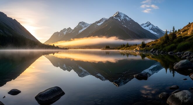 Majestic mountain range reflected in a serene lake at sunrise with golden mist and clear blue sky