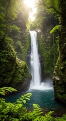 Lush Tropical Rainforest Waterfall Cascading into Turquoise Pool, Sunbeams Through Dense Green Canopy