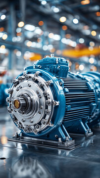 Modern industrial blue electric motor with metallic details, mounted on factory equipment.
