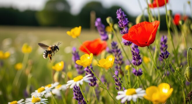 A bee flying among a colorful array of wildflowers including red poppies, yellow buttercups, purple lavender, and white daisies in a sunlit meadow.