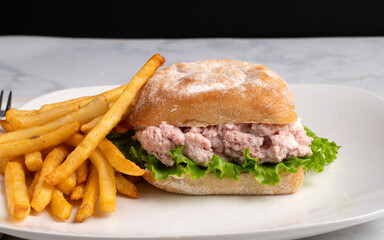 spam salad  sandwich  with french fries